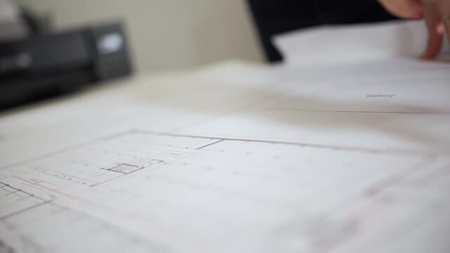 Hands reviewing architectural drawings on workspace table