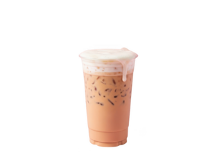 Delicious iced coffee in clear plastic cup with lid and straw
