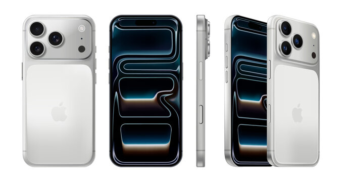 Set of Smart Phone iPhone 17 Pro in silver color, on transparent background, vector illustration. The iPhone 17 Pro and iPhone 17 Pro Max are smartphones developed and marketed by Apple Inc.