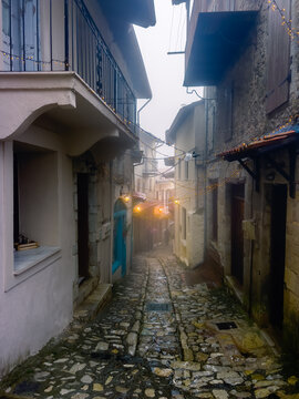 Traditional village of Dimitsana, in Arcadia, Peloponnese, Greece on a beautiful foggy winter day