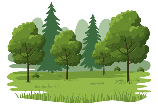 Stylized green forest landscape with pine trees and deciduous trees rolling hills nature