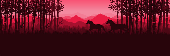 Wide screen red and gold banner for Year of the Horse featuring Asian landscape and copy space.