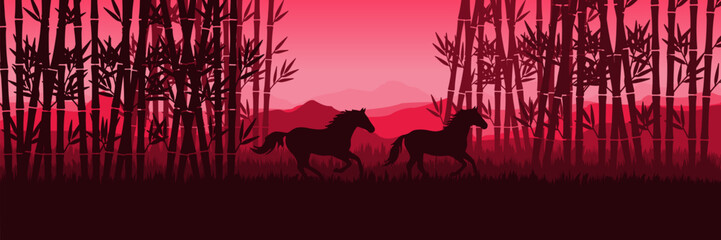 Minimalist Chinese New Year header with layered Karst mountains and traditional bamboo silhouettes.