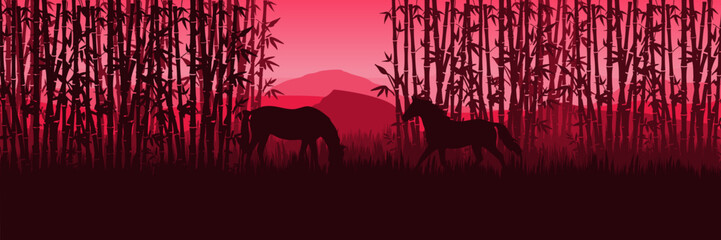 Atmospheric Asian landscape illustration for the Year of the Horse 2026 celebration template.