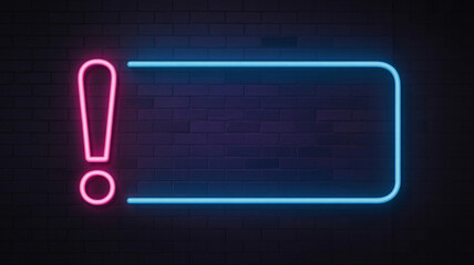 Vibrant neon exclamation mark on dark brick wall background
