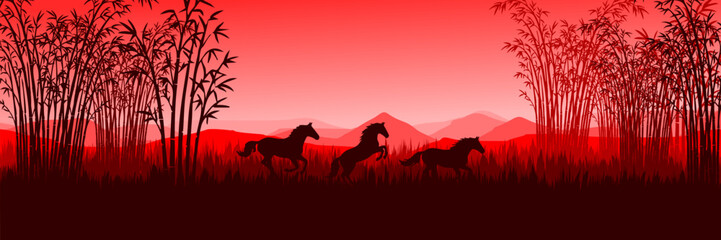 Minimalist love concept banner for 2026 holidays with horse silhouettes and large copy space