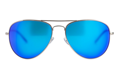 Silver aviator sunglasses with vibrant blue mirrored lenses isolated on a transparent background