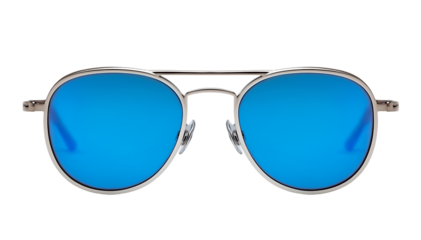 Silver framed aviator sunglasses with blue mirrored lenses isolated on a transparent background