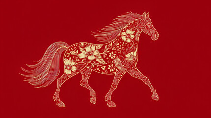 Fototapeta premium Elegant horse with floral pattern running on red background