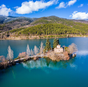 Aerial view of Lake Doxa with Agios (saint) Fanourios chapel in Peloponnese, Greece