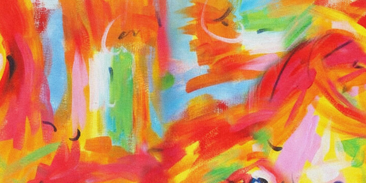 An abstract painting with vibrant brushstrokes of orange yellow red and blue colors creates a dynamic and energetic composition high quality