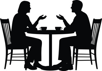 Black and white silhouette of two people sitting at a bistro table drinking coffee and talking in a cafe setting,