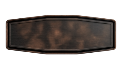 Ornate bronze sign with textured surface and beveled edges isolated on a transparent background