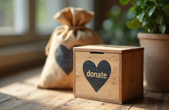 Donation box and sack on table. Wooden box with heart shape and donate word. Bag with heart for giving and charity. Helping needy people support concept. Still life with plant near window.