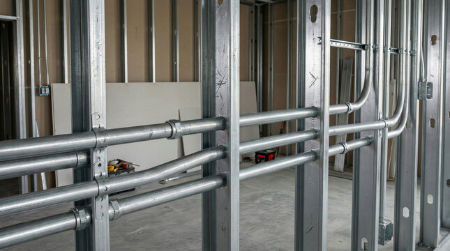 Electrical conduit pipes installed on metal wall studs in a construction site