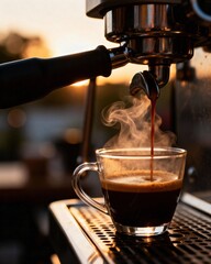 Steaming espresso being poured into glass mug by machine at sunset