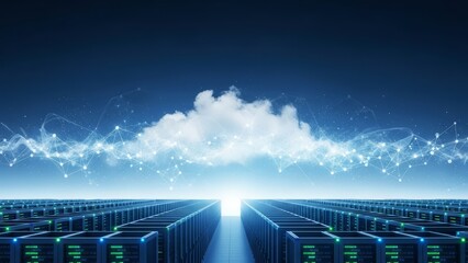 Fototapeta premium Abstract representation of cloud computing technology connecting global data centers, illustrating advanced network infrastructure, data storage, and digital information flow