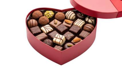 Heart-shaped chocolate box full of assorted sweets isolated on white background