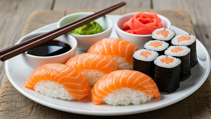 Plate of assorted sushi with accompaniments
