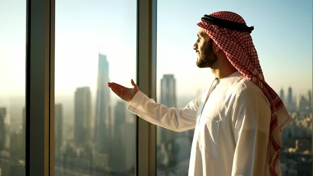Businessman in keffiyeh gestures toward city skyline through office window. Man in thobe presents skyline view. Businessman shows city from window. Executive in keffiyeh at office with skyline.