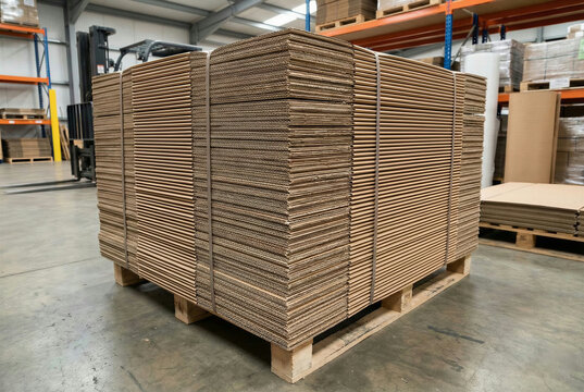 Stack of flat cardboard shipping boxes on a wooden pallet in a warehouse