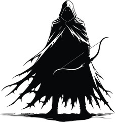 Black silhouette of hooded archer with tattered cloak holding bow, mysterious hooded figure in dramatic pose, fantasy rogue character vector illustration. © Samina
