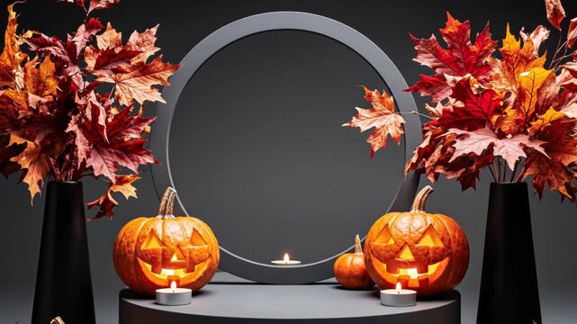 Autumnal scene with jackolanterns and fall leaves on a dark background with a circular frame