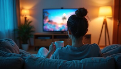 Woman lounges on sofa with cup, watches television at home. Girl enjoys stream media content in living room, spending leisure time in cozy interior. Back view of watcher in pajamas.