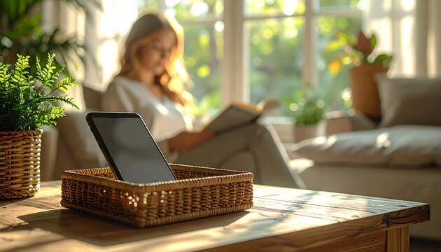 Digital detox concept showing a smartphone stored away in a wicker box while a woman reads a book in the background. Warm natural light creates a calm atmosphere focused on mindfulness and balance.