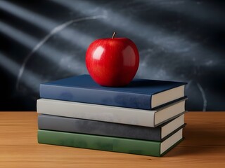 Stack of colorful books with red apple on top on wooden table near blackboard