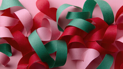 Paper ribbon red green pink curled celebration festive colorful party decoration brighten joyful mood pastel backdrop, playful texture and movement suggest cheerful event vibe with eco friendly