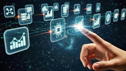3D AI Dashboard Icons Floating in Space with Human Finger Interaction and Depth of Field