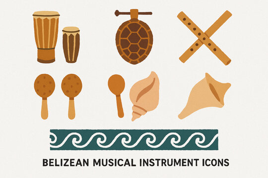 Belizean Musical Instrument Icon Set with Traditional Garifuna Sounds