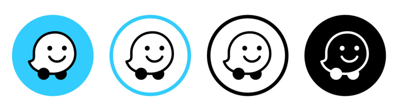 Set of round Waze mobile app icons, isolated on transparent background, high resolution.  Waze is a subsidiary company of Google that provides satellite navigation software