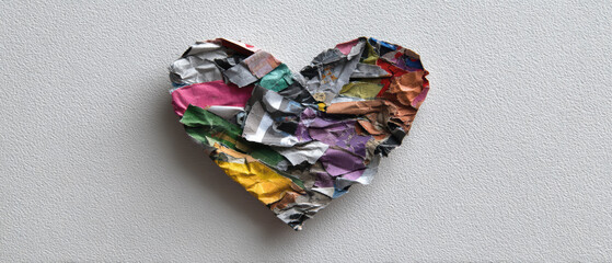 Crumpled paper heart recycled craft eco valentines colorful collage minimal style textured background handmade art sustainable love creative design rustic aesthetic. Crumpled paper heart light