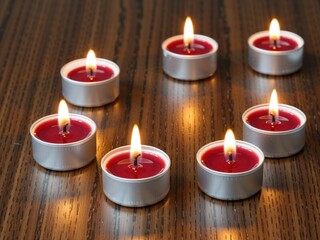 Lit red tealight candles providing warm glow on wood surface