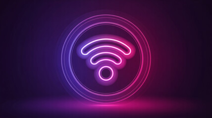 Vibrant neon WiFi symbol glowing in dark purple background