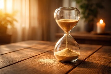 Hourglass on wooden table, patience and flow