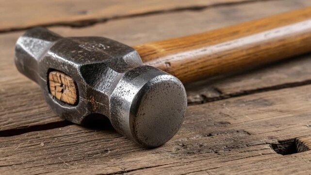 Close-up of a Ball Peen Hammer on Rustic Wooden Planks.