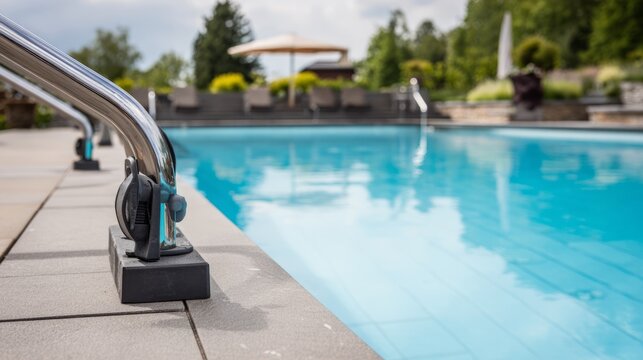 unit. Modern pool area with a sleek mechanical unit, blending functionality and geometric design. safety posters, maintenance manuals, designed for industrial assembly lines and welding operations.
