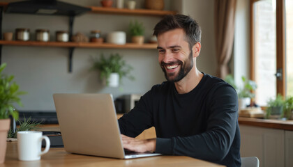 Fototapeta premium Happy man chats online using laptop computer at home. Person smiles during video call, talks to family or friends. Communication through the internet. Male enjoys digital web conversation