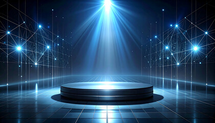 Futuristic stage with glowing blue spotlight and digital grid background