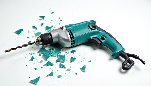 Teal and grey power drill sits in fractured teal fragments on a clean white background. Represents broken tools, recycling, or repair projects. Ideal for DIY, construction ads, or concepts of failure.