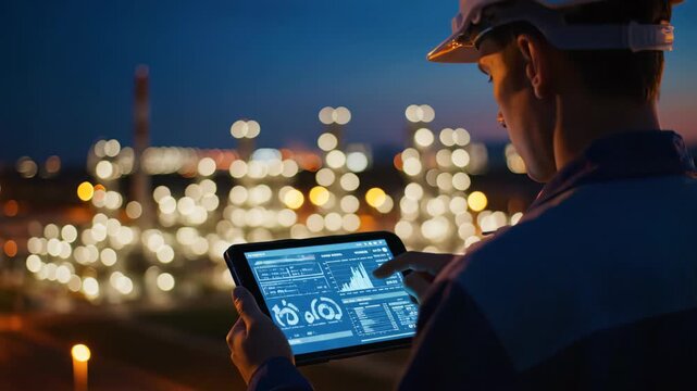 Oil rig engineer monitoring industrial data on a tablet at night, concept for energy management, industrial automation and process control