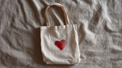 Eco valentine gift organic cotton tote handmade heart print neutral fabric bag minimalist style reusable shopping bag sustainable present natural texture soft beige color simple design brings