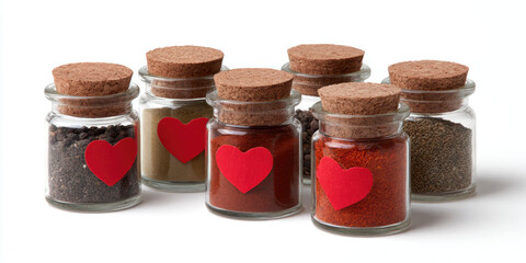 Heart label spice jar cork lid glass container red paper heart organic spice mixed spice kitchen decor eco gift valentine theme rustic style. Cozy arrangement of small glass spice jars with cork