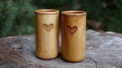 Bamboo travel mug eco friendly sustainable reusable cup wooden heart engraving pair gift couple romantic