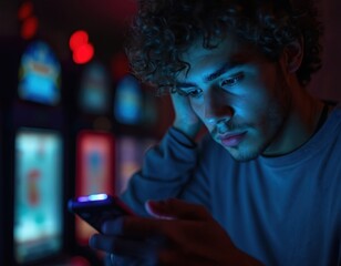 Young man watches phone screen in dark room. He looks stressed sad. Smartphone glows faintly reflecting on his face. Gambling addiction crisis concept. Technology lifestyle problem.