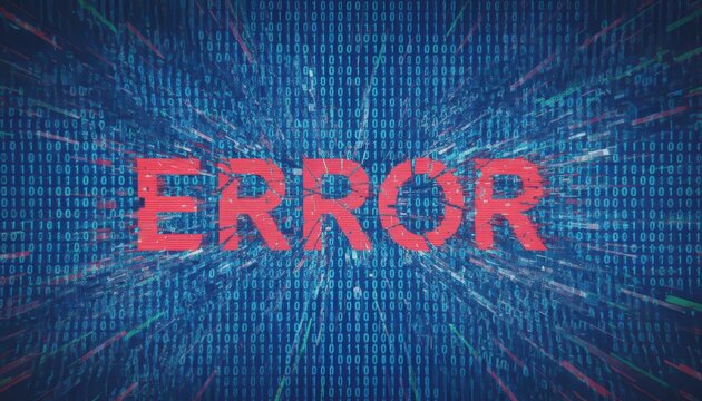 Red error message appearing on a dark blue background filled with binary code and visual glitch effects, representing data corruption, system failure, computer viruses, or software malfunctions