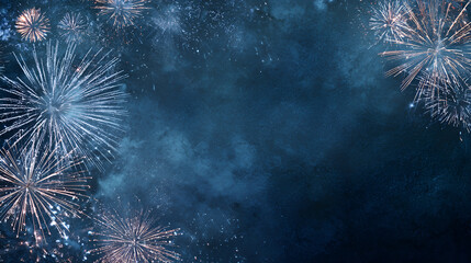 Vibrant fireworks exploding in night sky with smoky trails